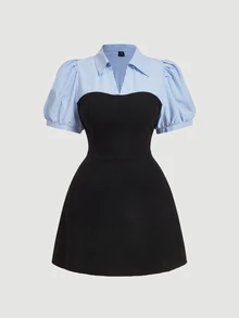 SHEIN MOD Plus Size Blue White Striped Patchwork Black Elegant Commuter 2 In 1 Blazer Dress Modest For Women Graduation Date Night Formal Birthday Corset Summer - Multicolor - View 3