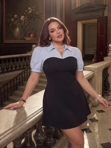 SHEIN MOD Plus Size Blue White Striped Patchwork Black Elegant Commuter 2 In 1 Blazer Dress Modest For Women Graduation Date Night Formal Birthday Corset Summer - Multicolor - View 6