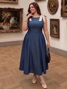 SHEIN MOD 加大码圆领无袖撞色饰边蝴蝶结腰部喇叭下摆卡其色休闲连衣裙 - 藏蓝色 - 查看 8