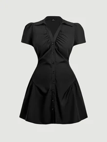SHEIN MOD 大尺碼女款純色短泡泡袖單排扣休閒短洋裝 - 黑色 - 查看 3