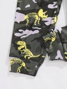 SHEIN 男童迷彩恐龍印花長袖T恤與長褲修身居家睡衣套裝，適合秋冬穿著 - 彩色 - 查看 4