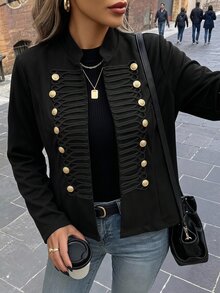 SHEIN Clasi Plus Size Fashion Vintage Double-Breasted Jacket Fall - Black - View 8