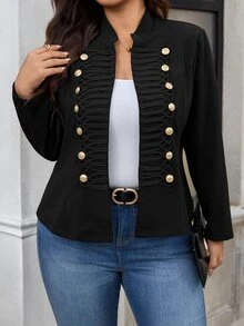 SHEIN Clasi Plus Size Fashion Vintage Double-Breasted Jacket Fall - Black - View 3