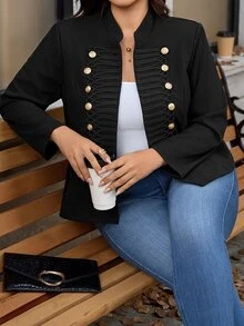 SHEIN Clasi Plus Size Fashion Vintage Double-Breasted Jacket Fall - Black - View 5