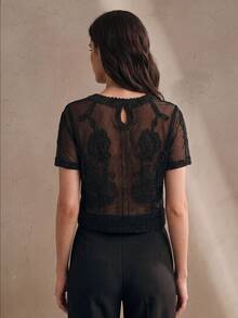 Anewsta Women's Summer Elegant Black Floral Embroidered Sheer Mesh Round Neck Tops,Seductive Party Night For Daily Wear,Dates,Gatherings,Vacations - Black - View 7