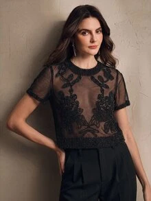 Anewsta Women's Summer Elegant Black Floral Embroidered Sheer Mesh Round Neck Tops,Seductive Party Night For Daily Wear,Dates,Gatherings,Vacations - Black - View 4