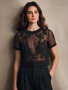 Anewsta Women's Summer Elegant Black Floral Embroidered Sheer Mesh Round Neck Tops,Seductive Party Night For Daily Wear,Dates,Gatherings,Vacations - Black - View 3