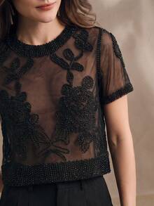 Anewsta Women's Summer Elegant Black Floral Embroidered Sheer Mesh Round Neck Tops,Seductive Party Night For Daily Wear,Dates,Gatherings,Vacations - Black - View 1