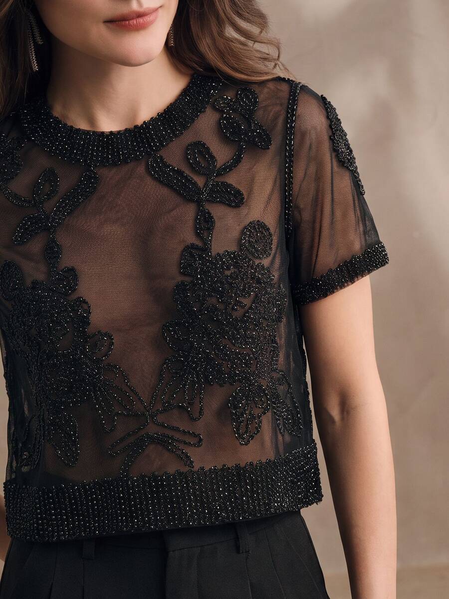 Anewsta Women's Summer Elegant Black Floral Embroidered Sheer Mesh Round Neck Tops,Seductive Party Night For Daily Wear,Dates,Gatherings,Vacations - Black - View 1