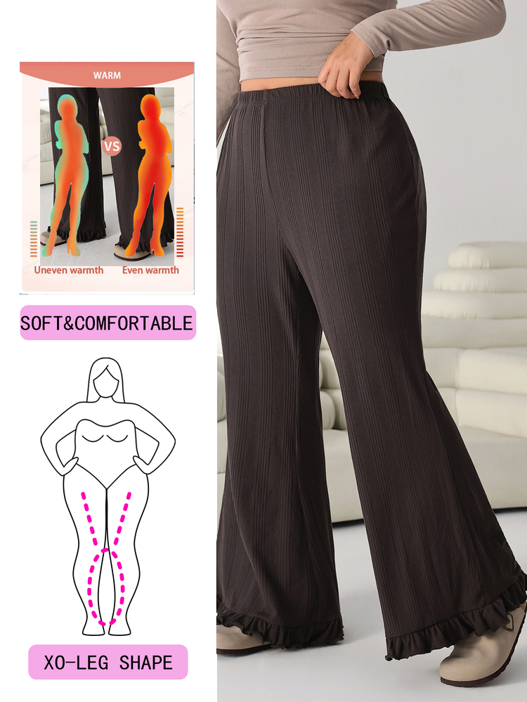 Solflare New Fall/Winter Plus Size Women's Coffee Brown Warm Soft Stretch Knit Textured Frill Trim Patchwork Pants For Home, Work, Outings, Dates & School - Brown - View 1