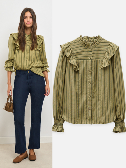 Nöista Olive Striped Blouse With A Band Collar And Ruffle Shoulders. Fall, Winter, Autumn, 