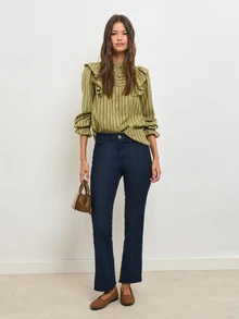 Nöista Olive Striped Blouse With A Band Collar And Ruffle Shoulders. Fall, Winter, Autumn,. - Green - View 6