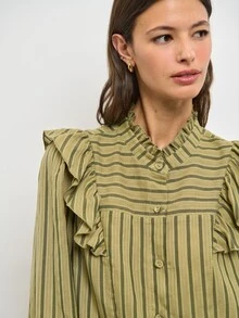 Nöista Olive Striped Blouse With A Band Collar And Ruffle Shoulders. Fall, Winter, Autumn,. - Green - View 2