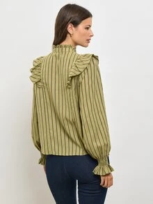 Nöista Olive Striped Blouse With A Band Collar And Ruffle Shoulders. Fall, Winter, Autumn,. - Green - View 3