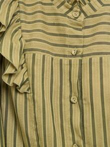 Nöista Olive Striped Blouse With A Band Collar And Ruffle Shoulders. Fall, Winter, Autumn,. - Green - View 10