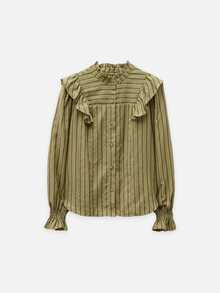 Nöista Olive Striped Blouse With A Band Collar And Ruffle Shoulders. Fall, Winter, Autumn,. - Green - View 7