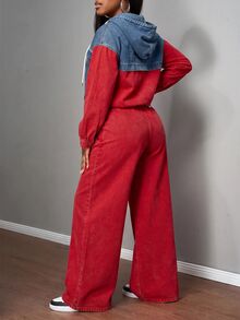 Slaydiva Women's Color-Block Hooded Top And Jeans Set – Red – Casual/Activewear Autumn - Multicolor - View 2