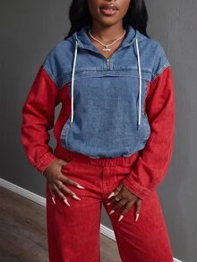 Slaydiva Women's Color-Block Hooded Top And Jeans Set – Red – Casual/Activewear Autumn - Multicolor - View 5