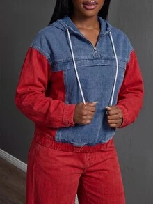 Slaydiva Women's Color-Block Hooded Top And Jeans Set – Red – Casual/Activewear Autumn - Multicolor - View 6
