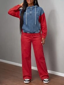 Slaydiva Women's Color-Block Hooded Top And Jeans Set – Red – Casual/Activewear Autumn - Multicolor - View 3