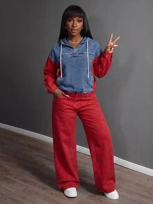 Slaydiva Women's Color-Block Hooded Top And Jeans Set – Red – Casual/Activewear Autumn - Multicolor - View 4