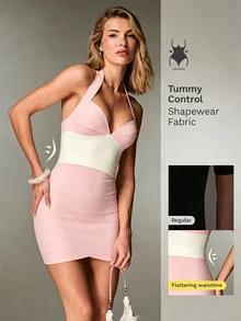 Nuvra Light Blue & Yellow Color Block Fitted Dress, Sexy Bodycon Mini Dress For Evening Party - Pink - View 1
