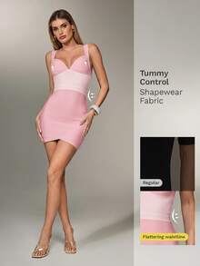 Nuvra Light Blue & Yellow Color Block Fitted Dress, Sexy Bodycon Mini Dress For Evening Party - Pink - View 5