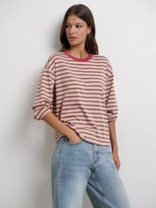 Nöista Womenswear Long Sleeve Stripped Top, Great Garment For Back To School Season, A Little Bit Oversized Look, Perfect For Layering In Fall Winter  - Pink - View 3