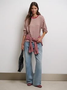 Nöista Womenswear Long Sleeve Stripped Top, Great Garment For Back To School Season, A Little Bit Oversized Look, Perfect For Layering In Fall Winter  - Pink - View 5