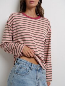 Nöista Womenswear Long Sleeve Stripped Top, Great Garment For Back To School Season, A Little Bit Oversized Look, Perfect For Layering In Fall Winter  - Pink - View 1