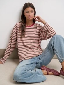 Nöista Womenswear Long Sleeve Stripped Top, Great Garment For Back To School Season, A Little Bit Oversized Look, Perfect For Layering In Fall Winter  - Pink - View 2