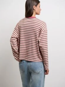 Nöista Womenswear Long Sleeve Stripped Top, Great Garment For Back To School Season, A Little Bit Oversized Look, Perfect For Layering In Fall Winter  - Pink - View 4