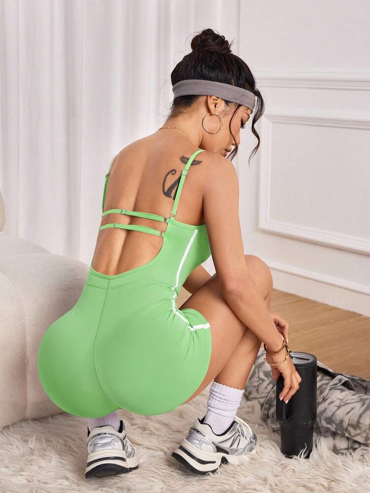Slayform Slayform Women's Camisole Tight Sports Romper Tummy Control Peach Butt Activewear Athletic Sexy For Gym Bodybuilding Outdoor Running Green And White Summer - Mint Green - View 3