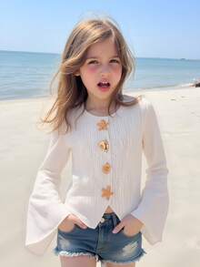 SHEIN Tween Girls Long Sleeve White Knitted Textured Zip Up Jacket, Thin Cardigan Outerwear For Autumn, Sun Protection, Daily, Vacation, Layering - White - View 2