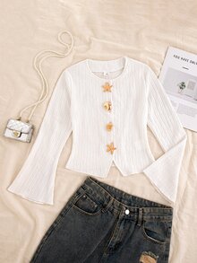 SHEIN Tween Girls Long Sleeve White Knitted Textured Zip Up Jacket, Thin Cardigan Outerwear For Autumn, Sun Protection, Daily, Vacation, Layering - White - View 4