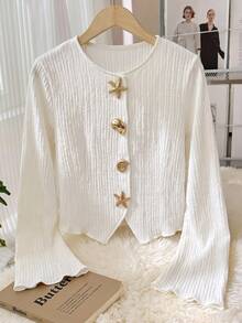 SHEIN Tween Girls Long Sleeve White Knitted Textured Zip Up Jacket, Thin Cardigan Outerwear For Autumn, Sun Protection, Daily, Vacation, Layering - White - View 1
