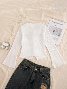 SHEIN Tween Girls Long Sleeve White Knitted Textured Zip Up Jacket, Thin Cardigan Outerwear For Autumn, Sun Protection, Daily, Vacation, Layering - White - View 3