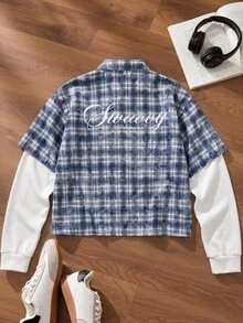 SWAVVY Men's 2 In 1 Plaid Long Sleeve Single-Breasted Casual Shirt - Blue - View 1