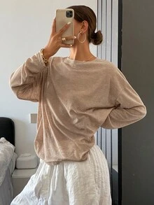 Livesso 女士纯色简约日常长袖上衣夏季 - 棕色 - 查看 3
