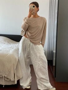 Livesso 女士纯色简约日常长袖上衣夏季 - 棕色 - 查看 4