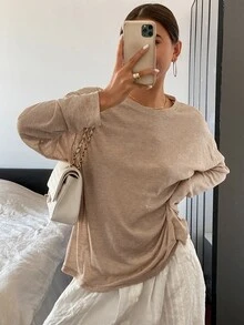 Livesso 女士纯色简约日常长袖上衣夏季 - 棕色 - 查看 8