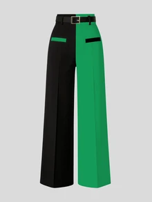 GlowEve CURVE Plus Size Women's Spring/Summer Minimalist Fashion Business Black & White Contrast Color Straight Leg Pants With Belt - Green - View 4