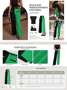 GlowEve CURVE Plus Size Women's Spring/Summer Minimalist Fashion Business Black & White Contrast Color Straight Leg Pants With Belt - Green - View 3