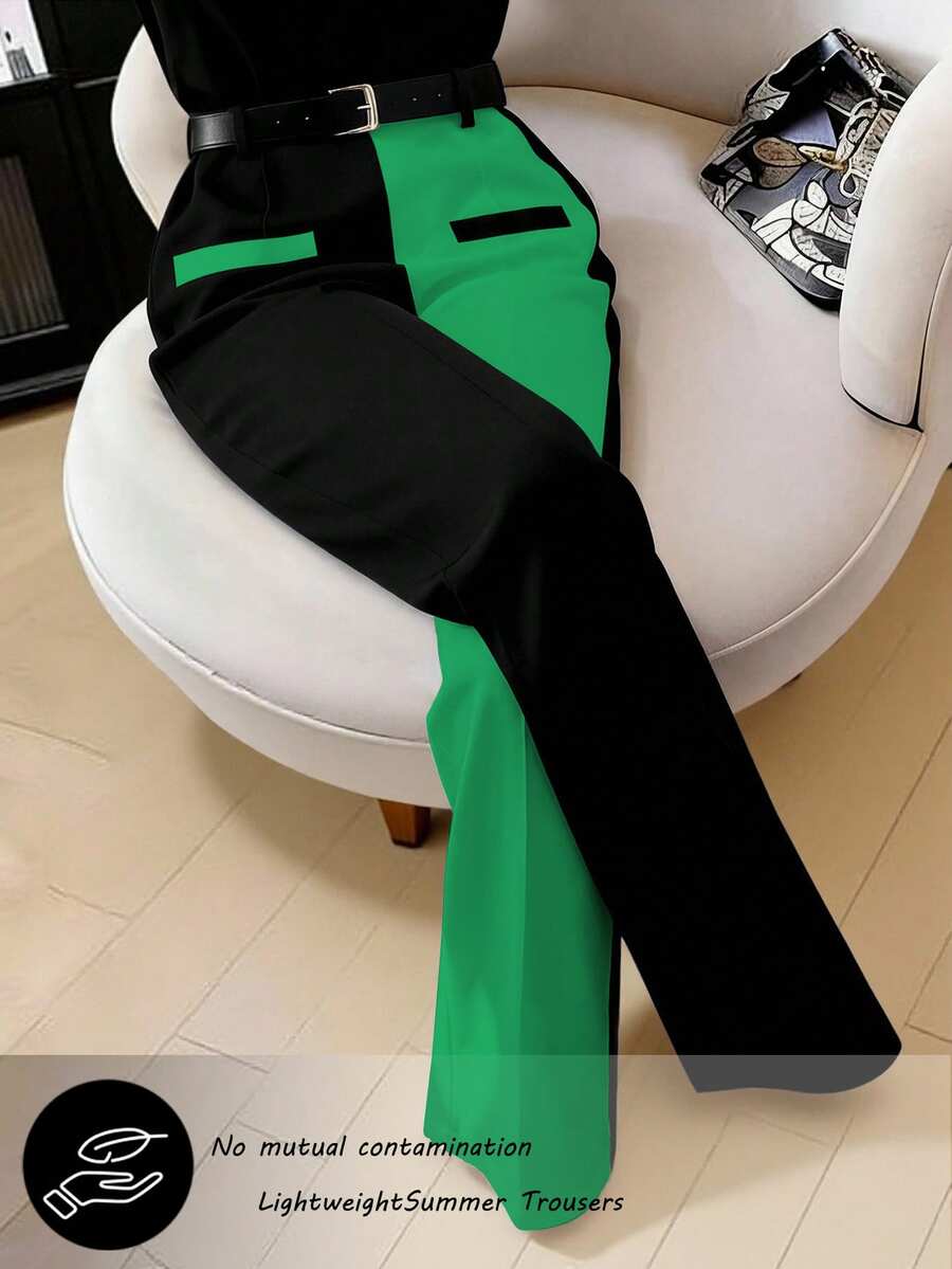 GlowEve CURVE Plus Size Women's Spring/Summer Minimalist Fashion Business Black & White Contrast Color Straight Leg Pants With Belt - Green - View 1
