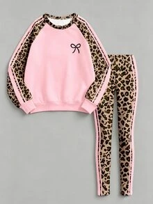 SHEIN Elladie kids 運動風豹紋棕色粉色條紋青少年女孩圓領套頭運動衫刷毛內搭褲2件套 秋冬萬聖節校園穿搭 - 彩色 - 查看 5