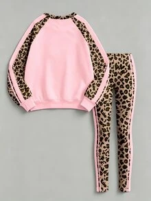 SHEIN Elladie kids 運動風豹紋棕色粉色條紋青少年女孩圓領套頭運動衫刷毛內搭褲2件套 秋冬萬聖節校園穿搭 - 彩色 - 查看 2