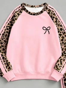 SHEIN Elladie kids 運動風豹紋棕色粉色條紋青少年女孩圓領套頭運動衫刷毛內搭褲2件套 秋冬萬聖節校園穿搭 - 彩色 - 查看 3