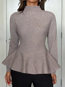 Aloruh Sweater Wanita Model A-Line dengan Pinggang Ramping untuk Musim Gugur/Dingin, Warna Cokelat Muda Elegan untuk Kantor - Khaki - View 7
