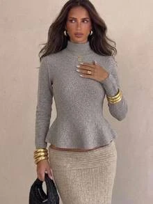 Aloruh Sweater Wanita Model A-Line dengan Pinggang Ramping untuk Musim Gugur/Dingin, Warna Cokelat Muda Elegan untuk Kantor - Khaki - View 9