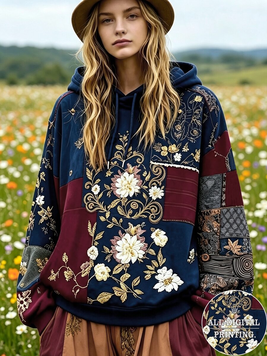 Selamara Women's Navy Blue Floral Patchwork Sweatshirt, Vintage Boho Style Fall Outing, Daily Street PartyGift For Friends - Multicolor - View 1